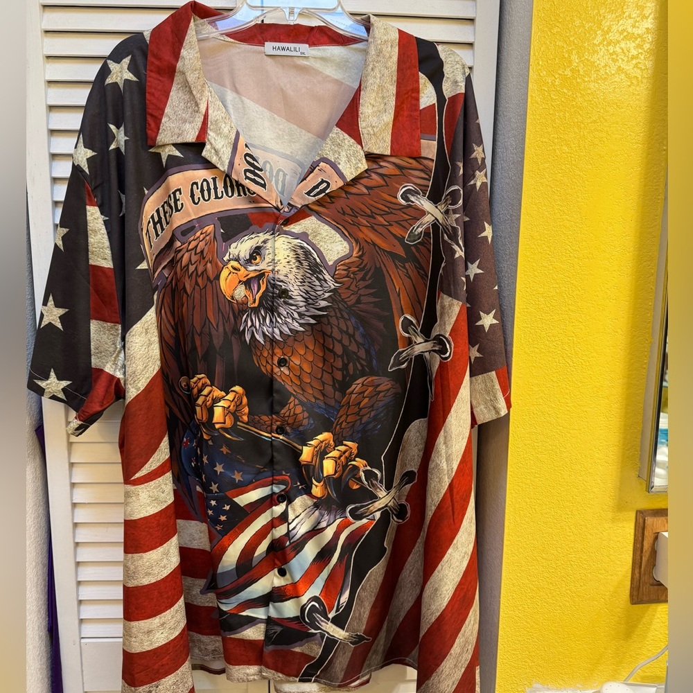 Red White and Blue Casual Button Down Shirt with Patriotic Design